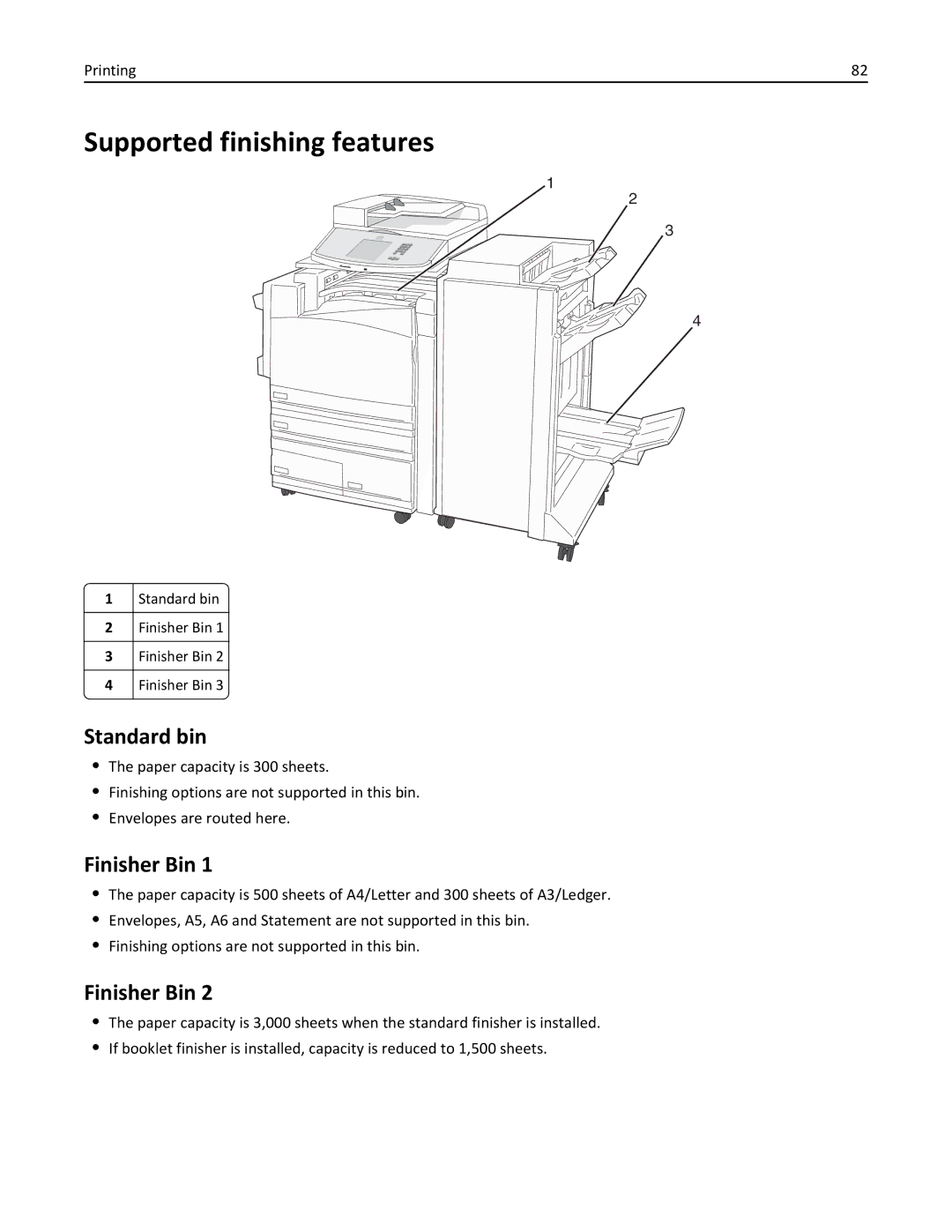 Lexmark X862DE, 432, 19Z0101, 632, 832, X860DE, X864DE, 19Z4028, 19Z0202 Supported finishing features, Standard bin, Finisher Bin 