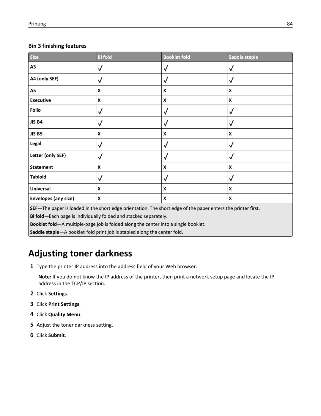 Lexmark 19Z4028 Adjusting toner darkness, Bin 3 finishing features, Click Settings Click Print Settings Click Quality Menu 