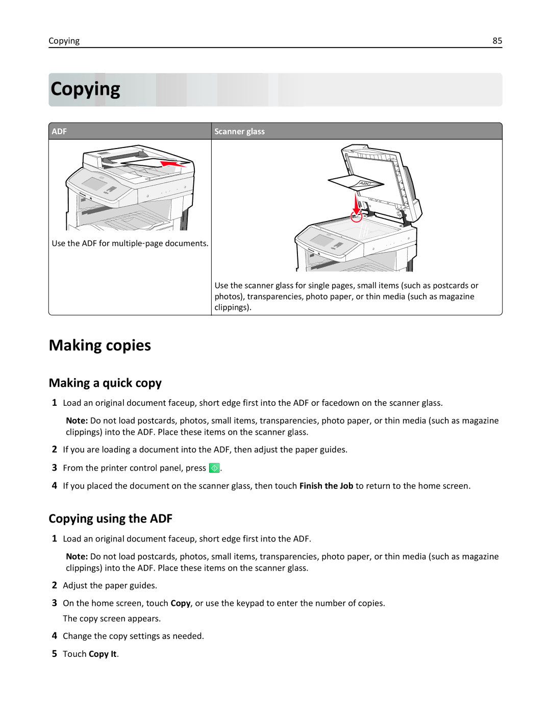 Lexmark 19Z0202, 432, 19Z0101, 632, 832, X860DE, X862DE, X864DE Making copies, Making a quick copy, Copying using the ADF 