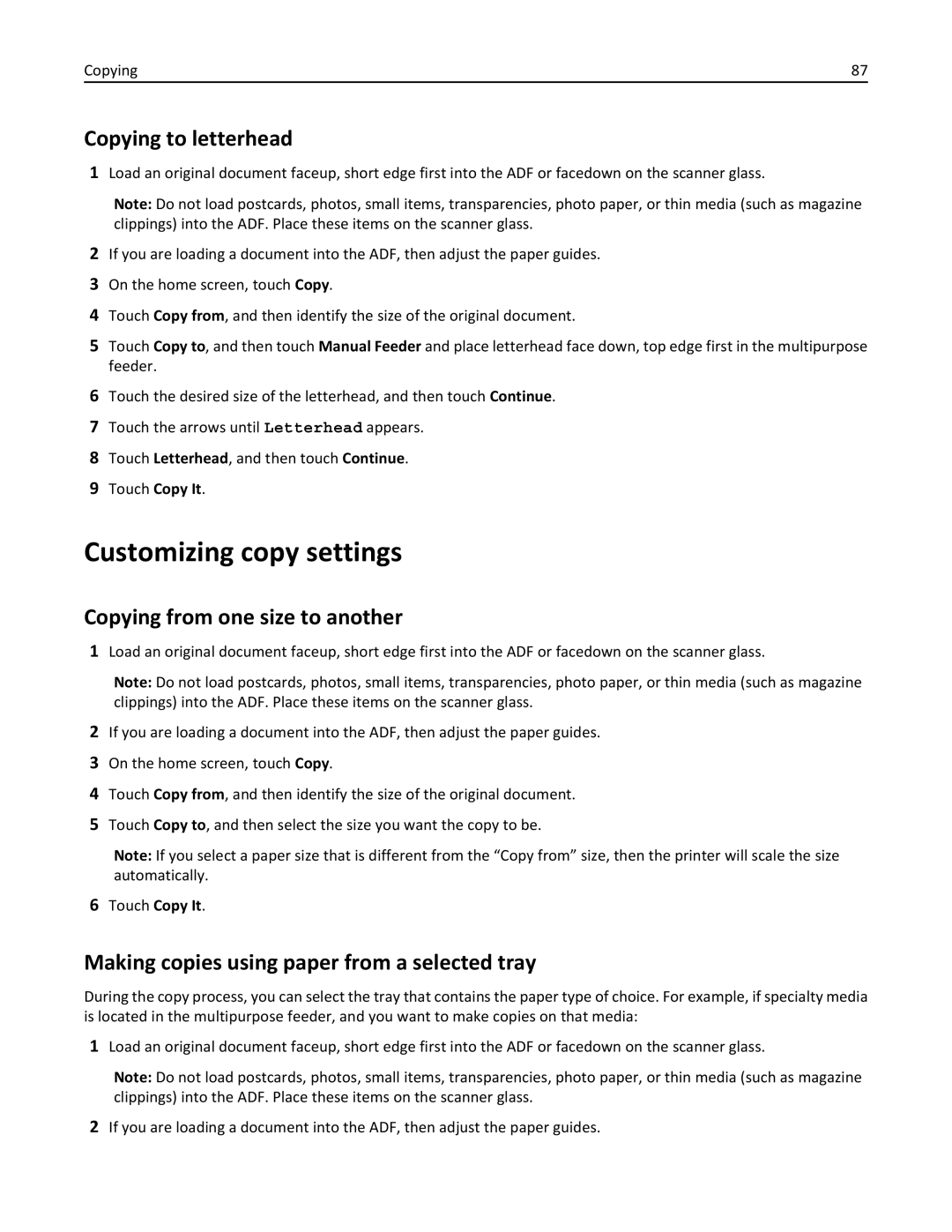 Lexmark 19Z0102, 432, 19Z0101, 632, 832 Customizing copy settings, Copying to letterhead, Copying from one size to another 