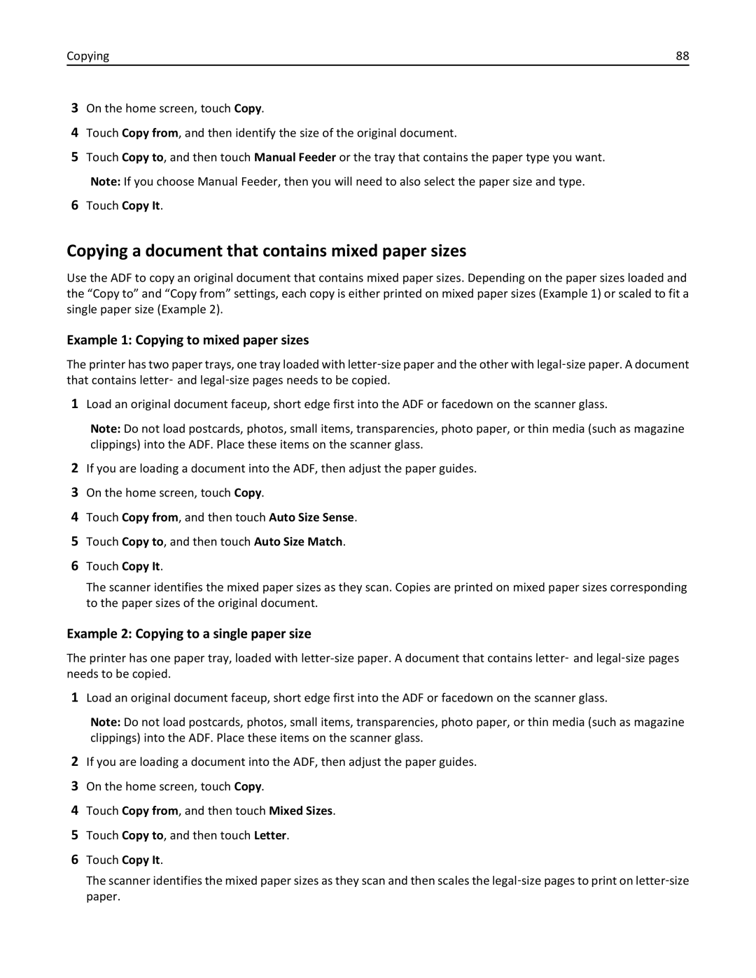 Lexmark 432, 19Z0101, 632, 832 Copying a document that contains mixed paper sizes, Example 1 Copying to mixed paper sizes 