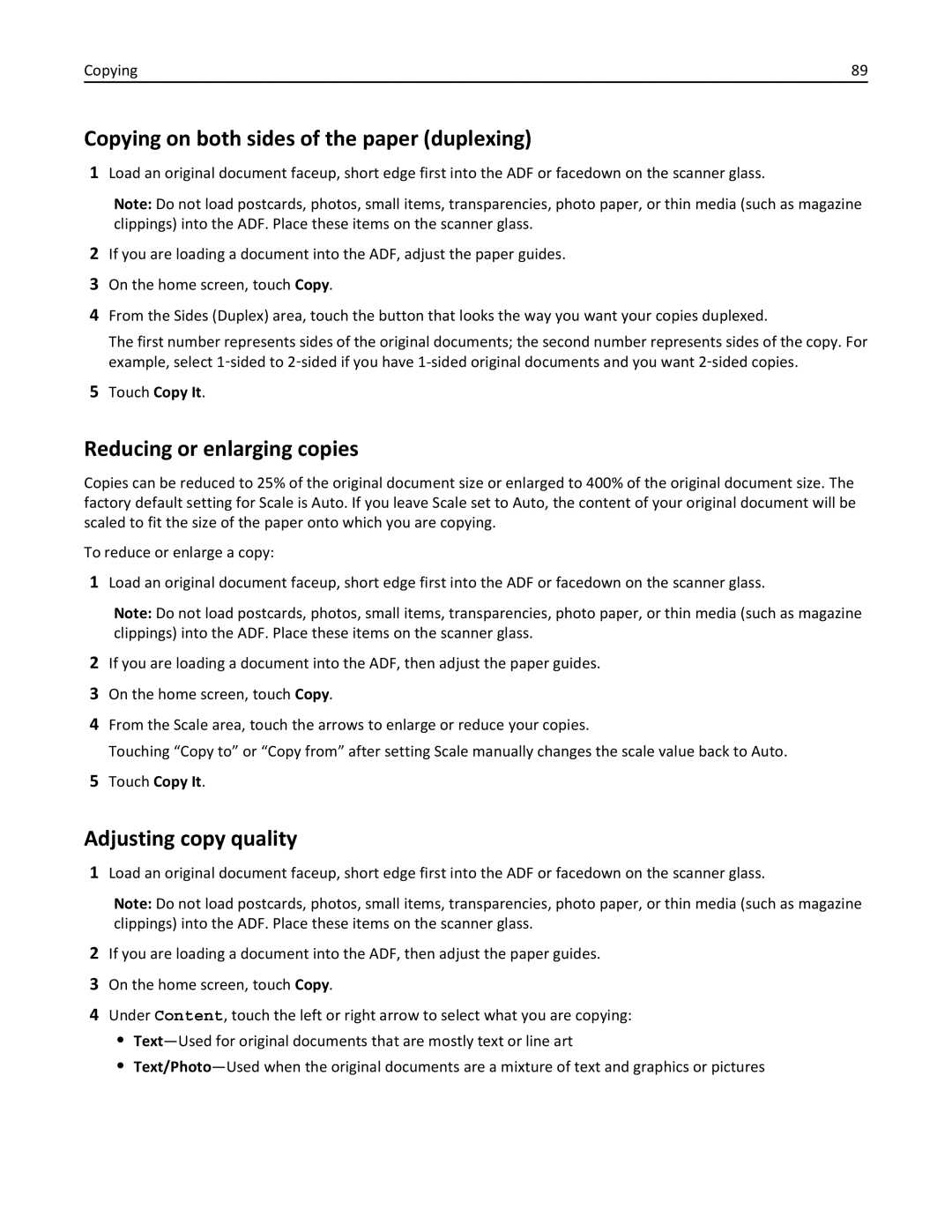 Lexmark 19Z0101, 432 Copying on both sides of the paper duplexing, Reducing or enlarging copies, Adjusting copy quality 