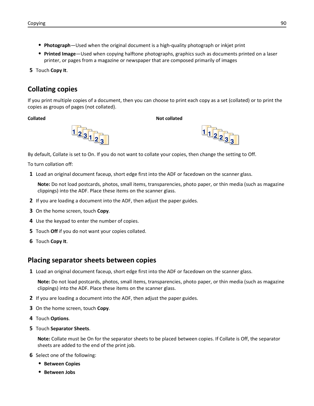 Lexmark 632 Collating copies, Placing separator sheets between copies, Touch Separator Sheets, Select one of the following 