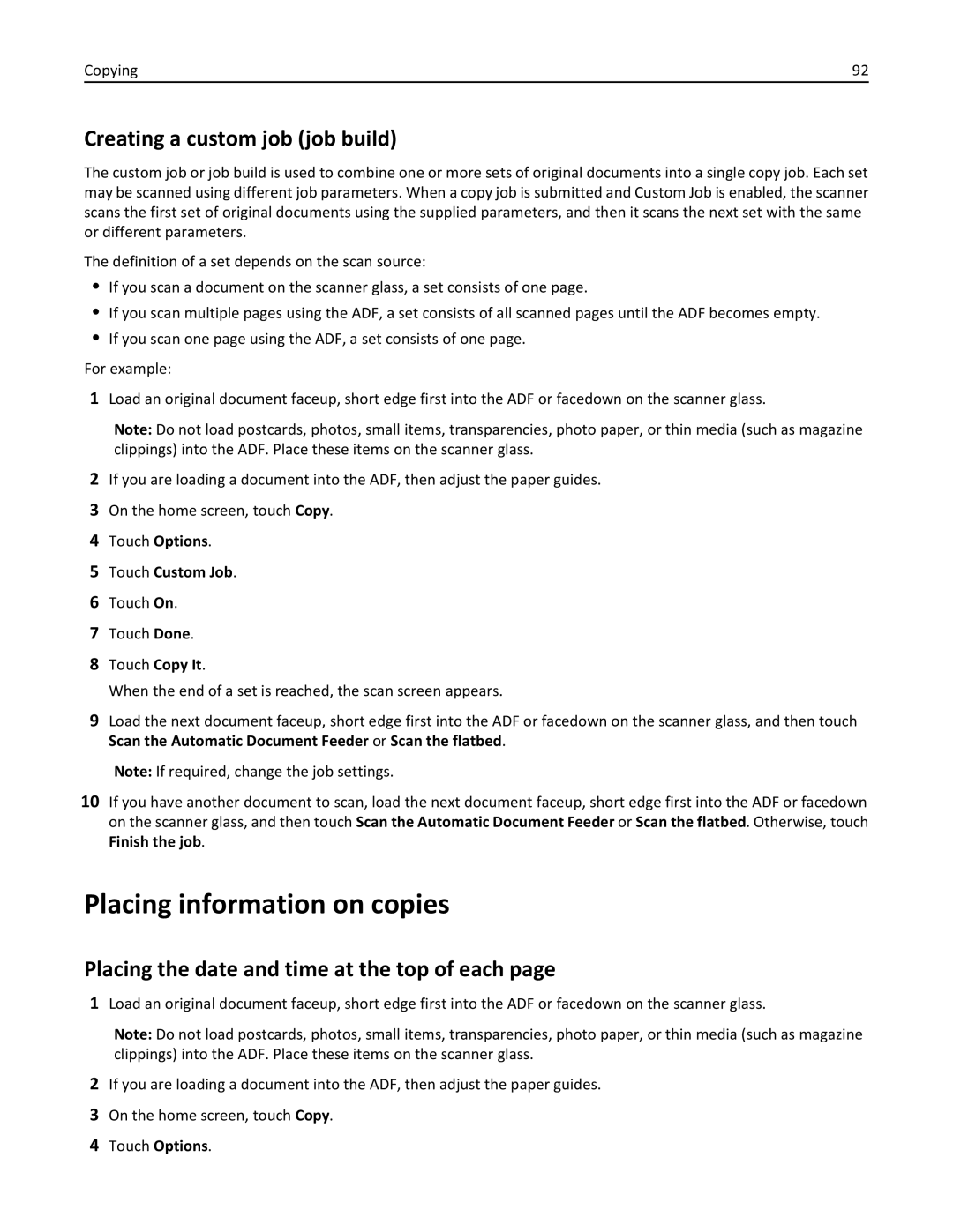 Lexmark X860DE, 432, 19Z0101, 632, 832 manual Placing information on copies, Creating a custom job job build, Touch Custom Job 