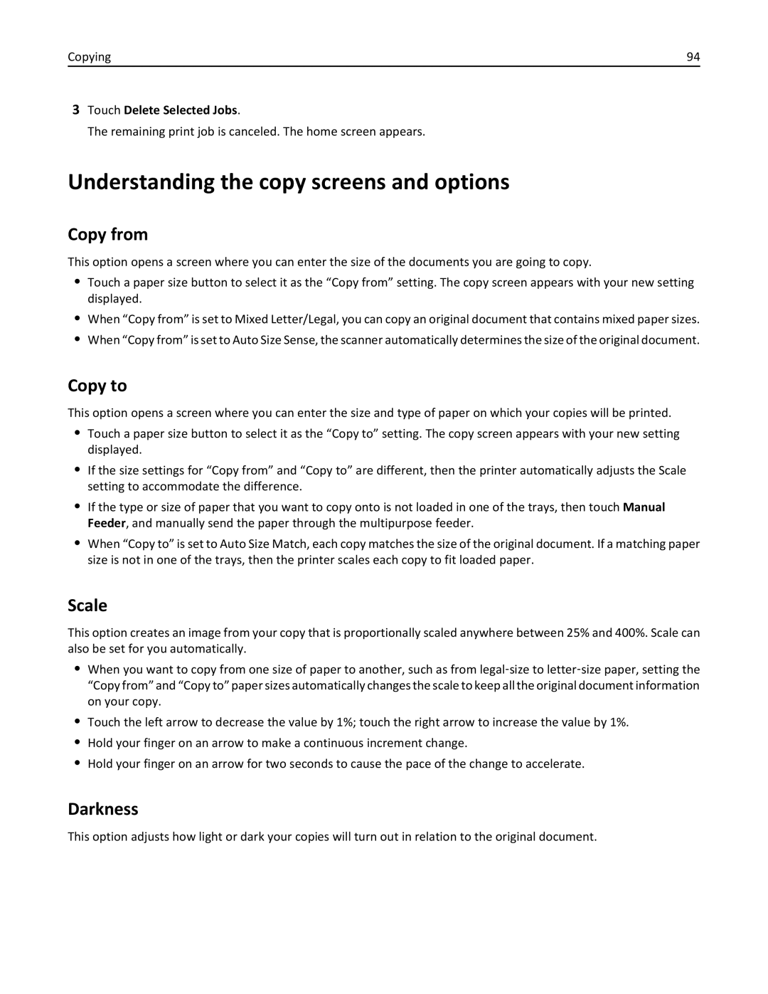 Lexmark X864DE, 432, 19Z0101, 632, 832, X860DE Understanding the copy screens and options, Copy from, Copy to, Scale, Darkness 