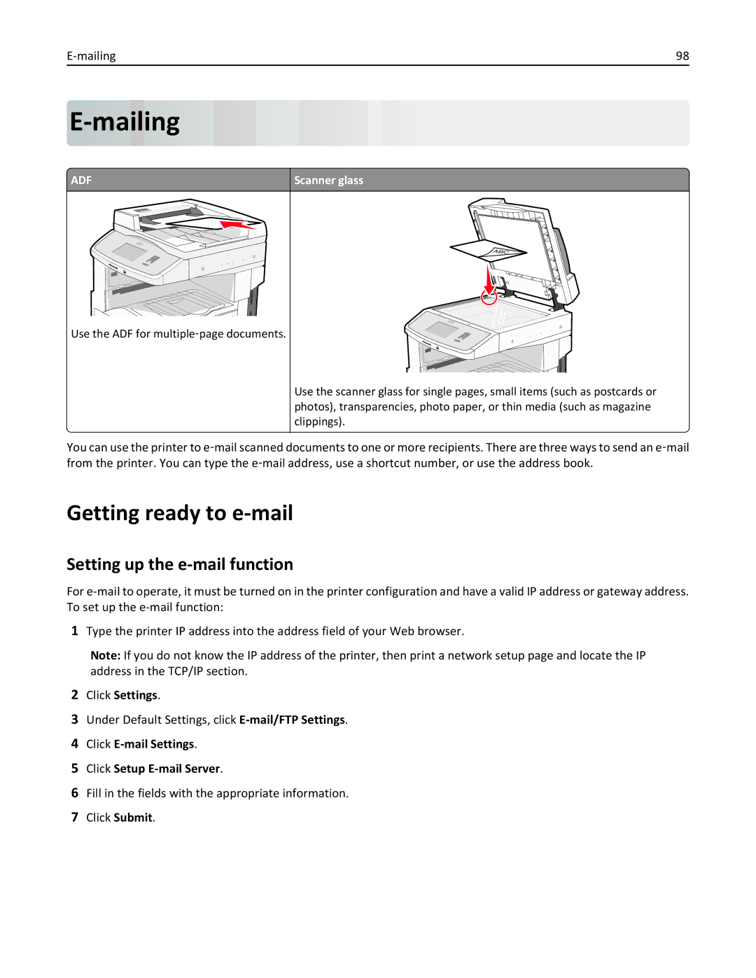 Lexmark 19Z0102, 432, 19Z0101, 632, 832 manual Mailing, Getting ready to e-mail, Setting up the e-mail function, Click Settings 