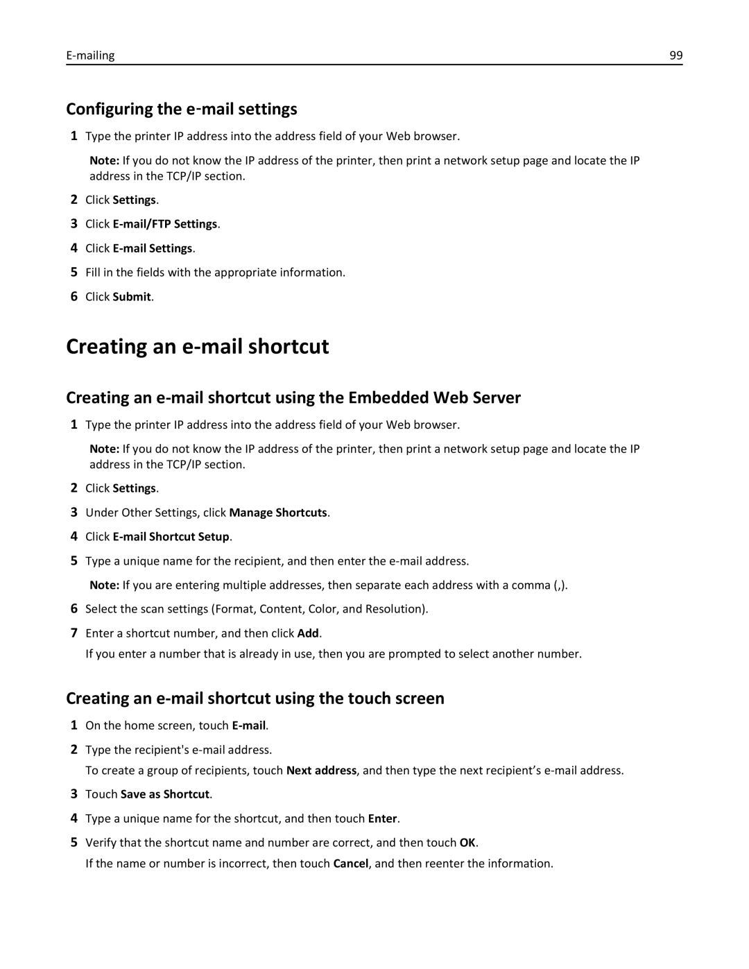 Lexmark 432, 19Z0101, 632, 832, X860DE, X862DE, X864DE, 19Z4028 Creating an e-mail shortcut, Configuring the e‑mail settings 