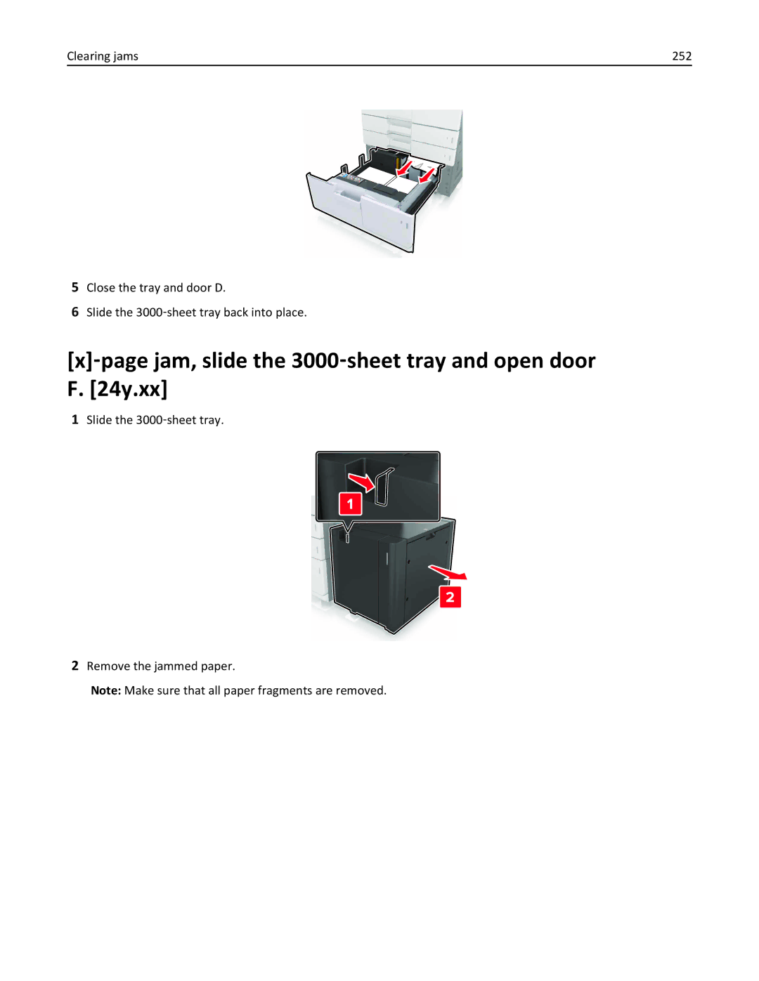 Lexmark 436 ‑page jam, slide the 3000‑sheet tray and open door F y.xx, Slide the 3000‑sheet tray Remove the jammed paper 