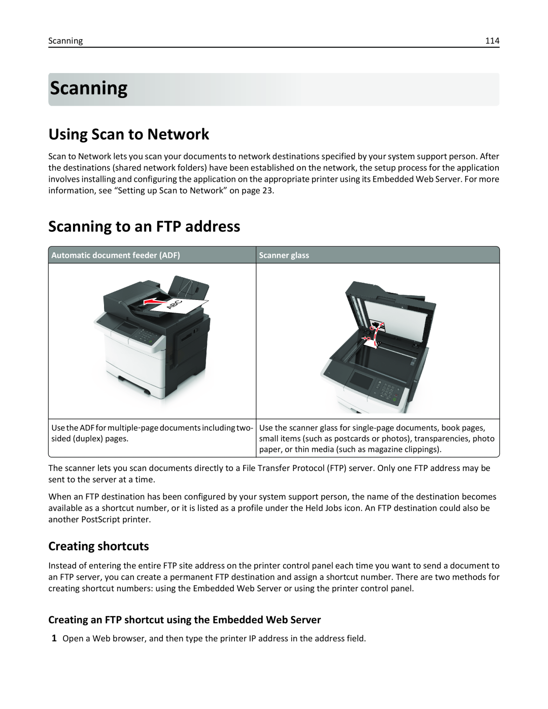 Lexmark 436 manual Using Scan to Network, Scanning to an FTP address, Creating shortcuts 