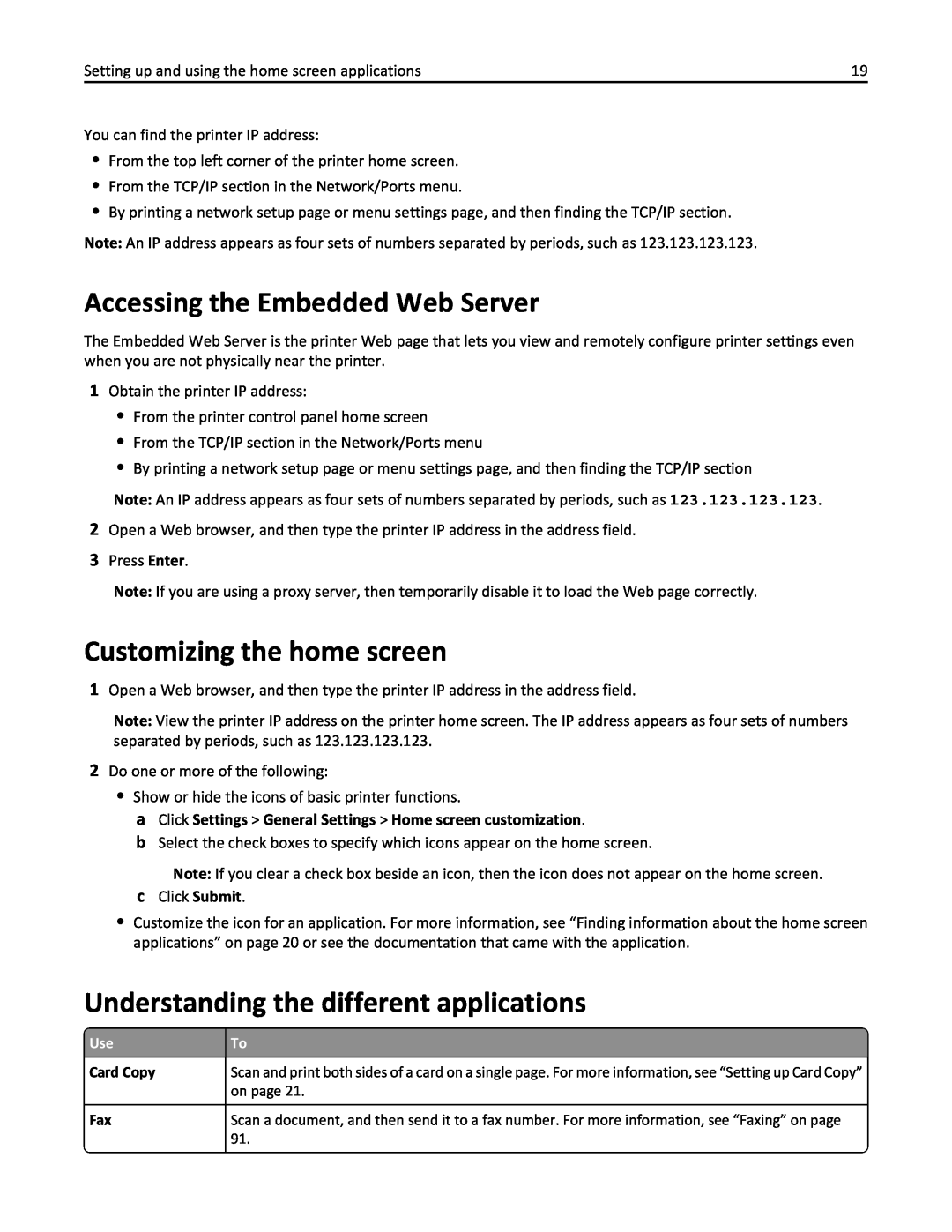 Lexmark 436 manual Accessing the Embedded Web Server, Customizing the home screen, Understanding the different applications 
