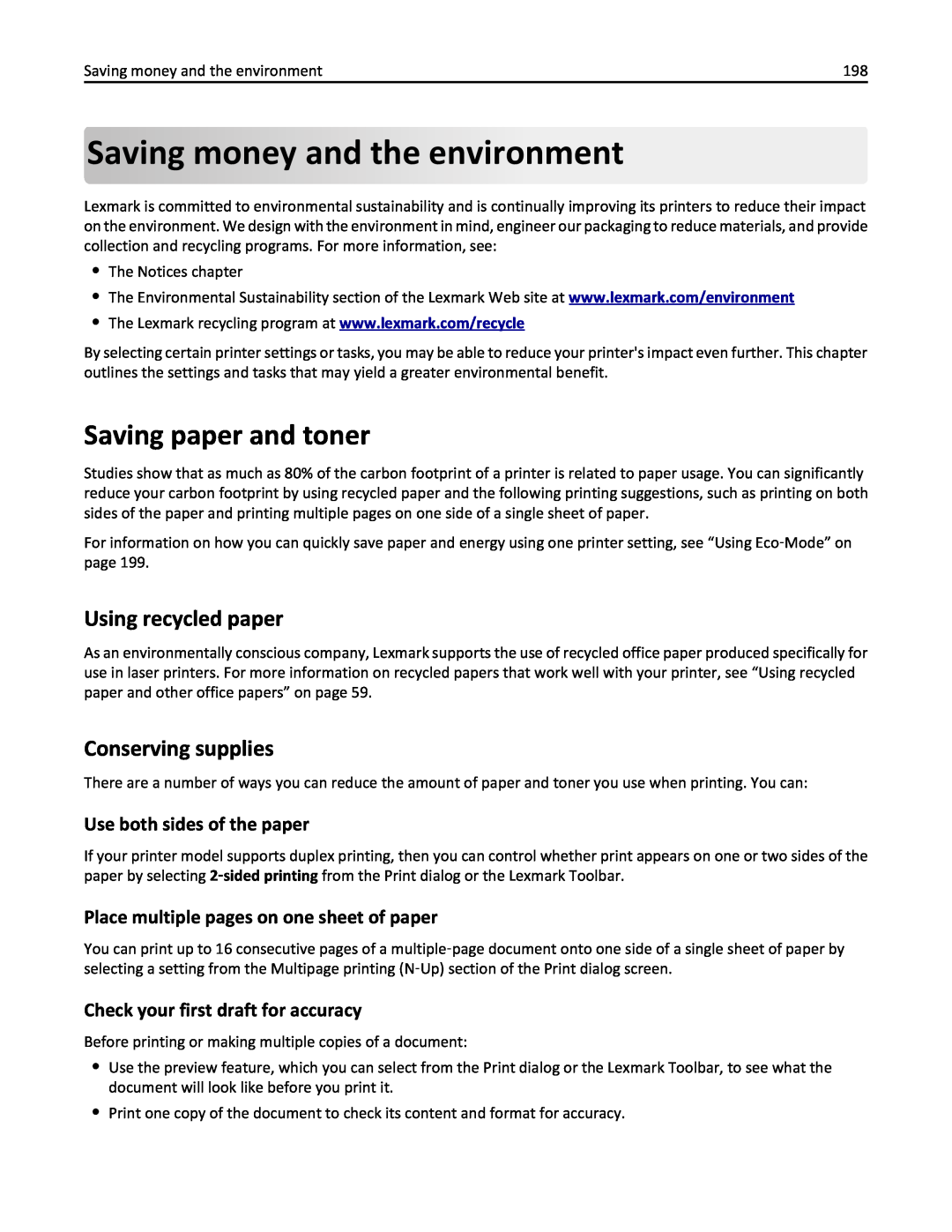 Lexmark 436 manual Savingmoney andthe environment, Saving paper and toner, Using recycled paper, Conserving supplies 