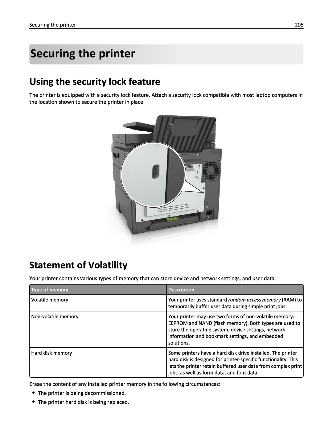 Lexmark 436 manual Securing theprinter, Using the security lock feature, Statement of Volatility 