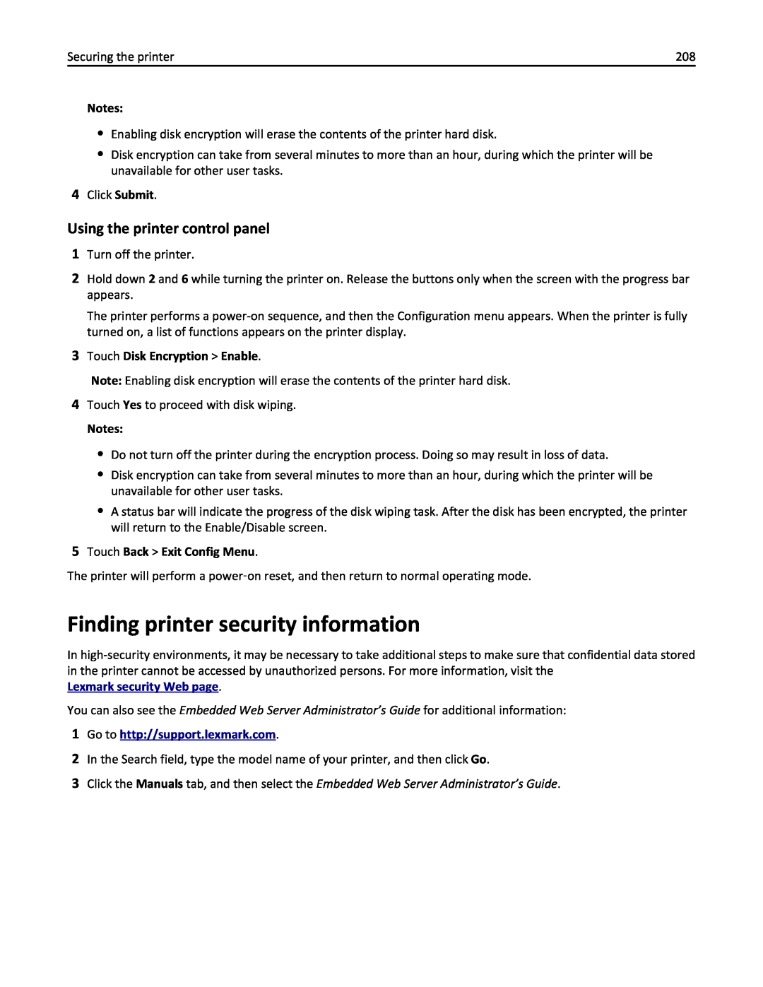Lexmark 436 manual Finding printer security information, Using the printer control panel, Touch Disk Encryption Enable 