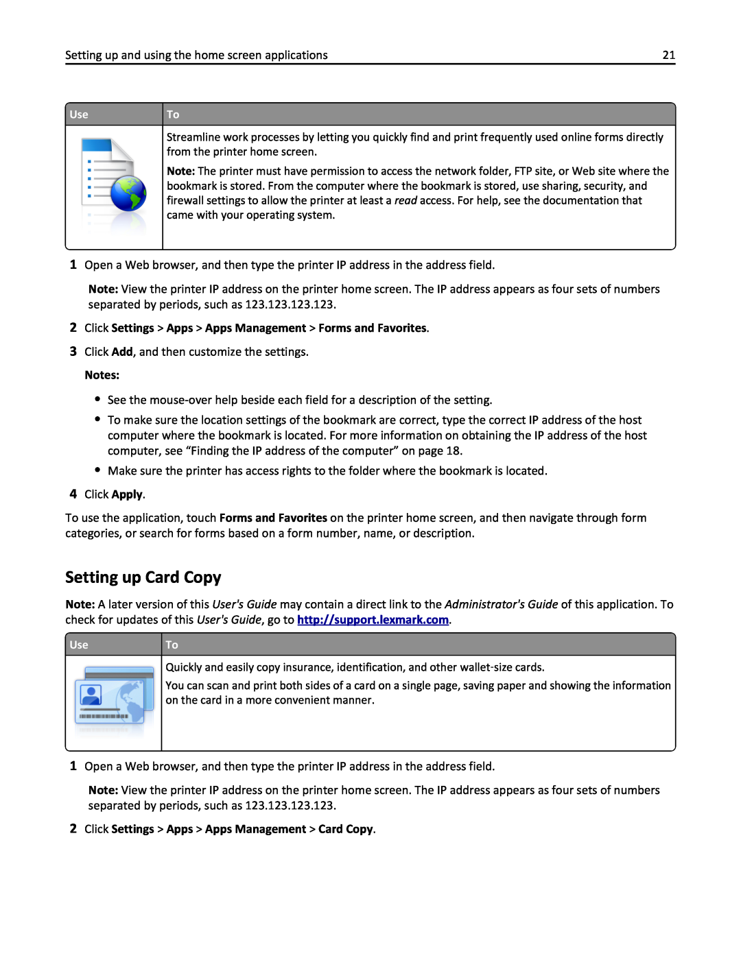 Lexmark 436 manual Setting up Card Copy, Click Settings Apps Apps Management Forms and Favorites 