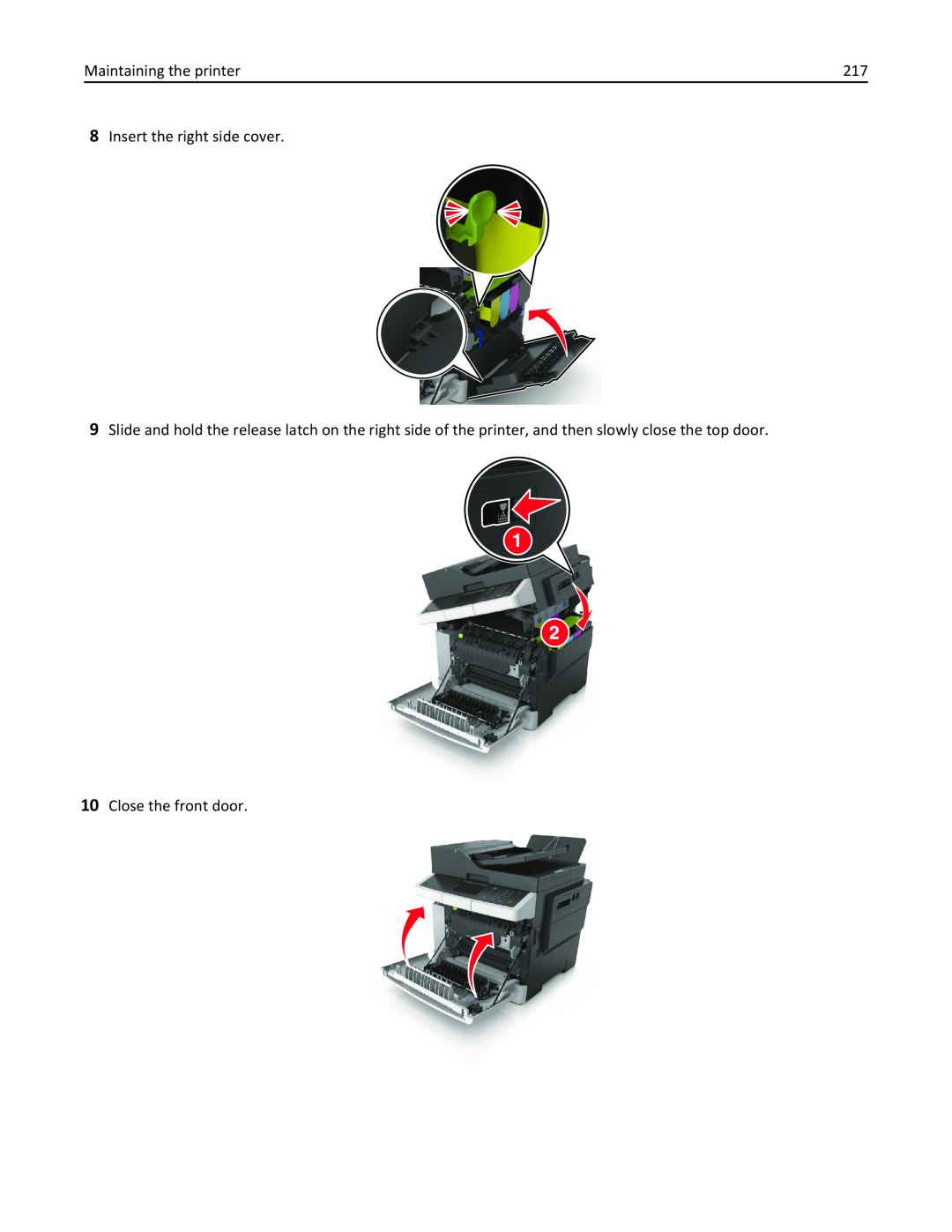 Lexmark 436 manual Maintaining the printer, Insert the right side cover, Close the front door 