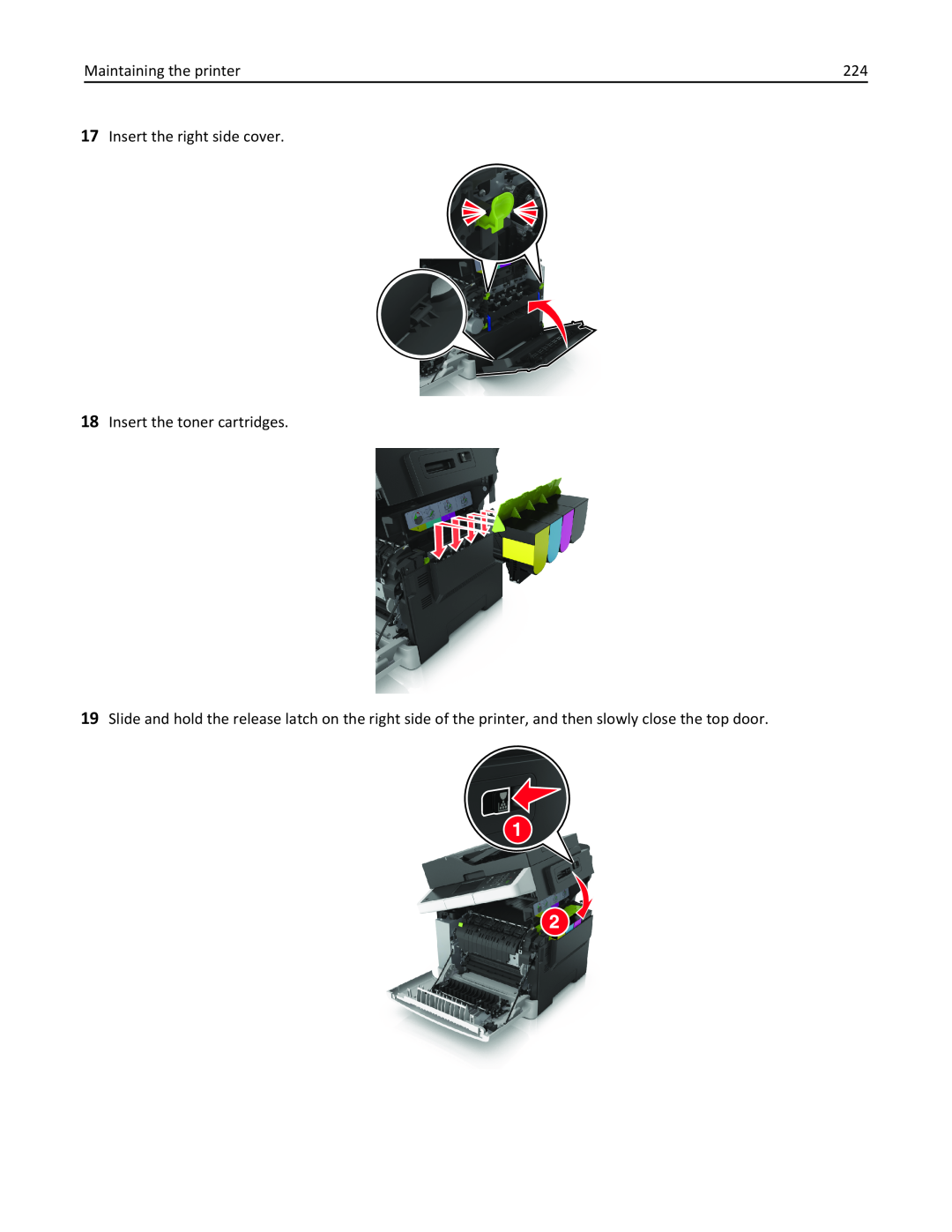 Lexmark 436 manual Maintaining the printer, Insert the right side cover 18 Insert the toner cartridges 