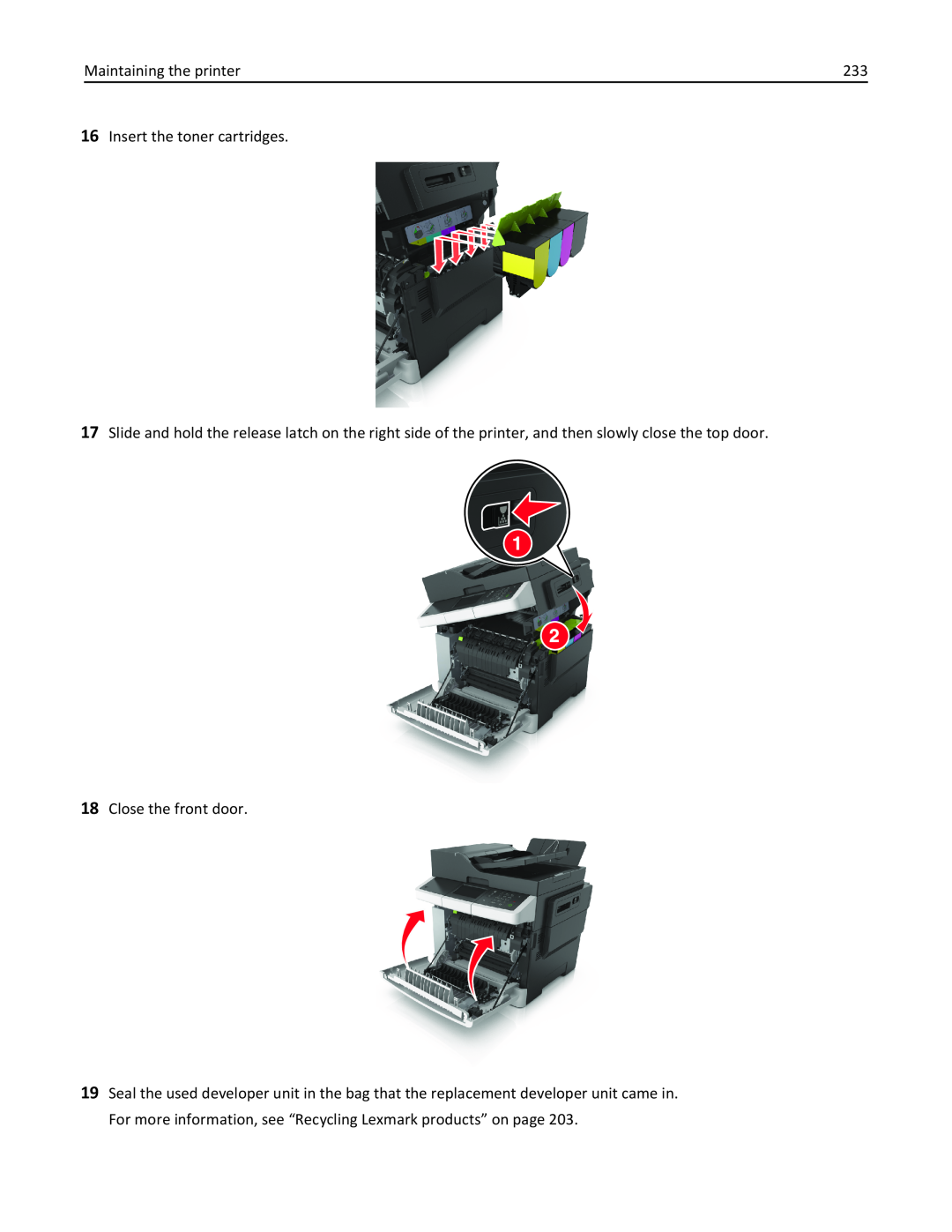 Lexmark 436 manual Maintaining the printer, Insert the toner cartridges, Close the front door 