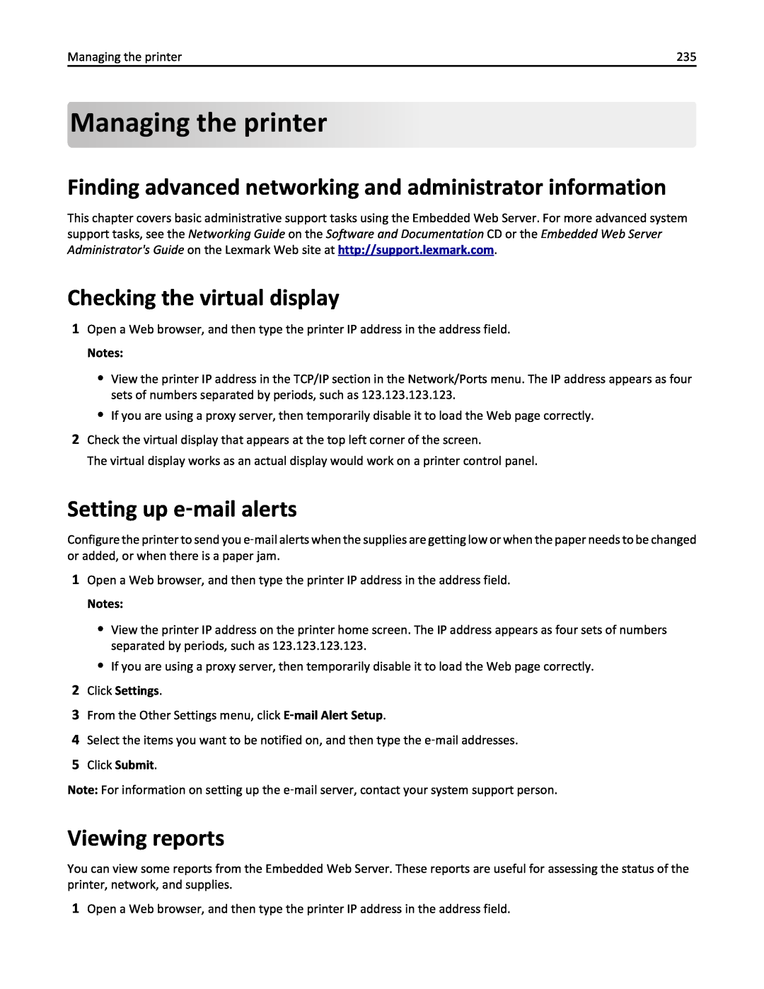 Lexmark 436 Managing the printer, Finding advanced networking and administrator information, Checking the virtual display 