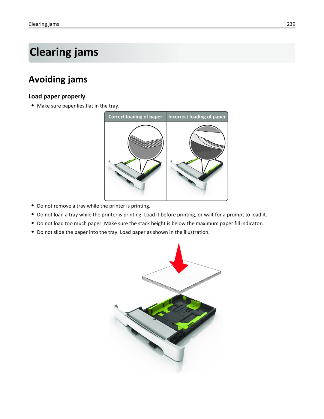 Lexmark 436 manual Clearing jams, Avoiding jams, Load paper properly 