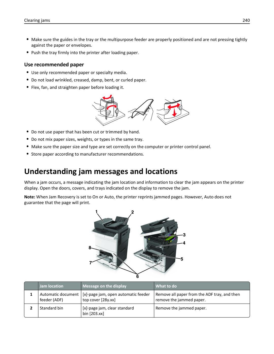 Lexmark 436 manual Understanding jam messages and locations, Use recommended paper 