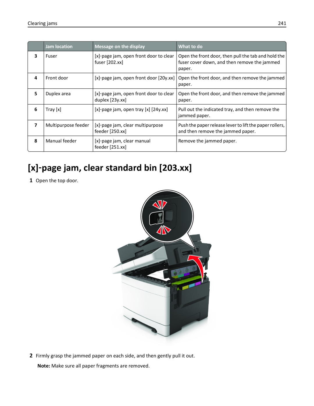 Lexmark 436 manual x‑page jam, clear standard bin, Push the paper release lever to lift the paper rollers 