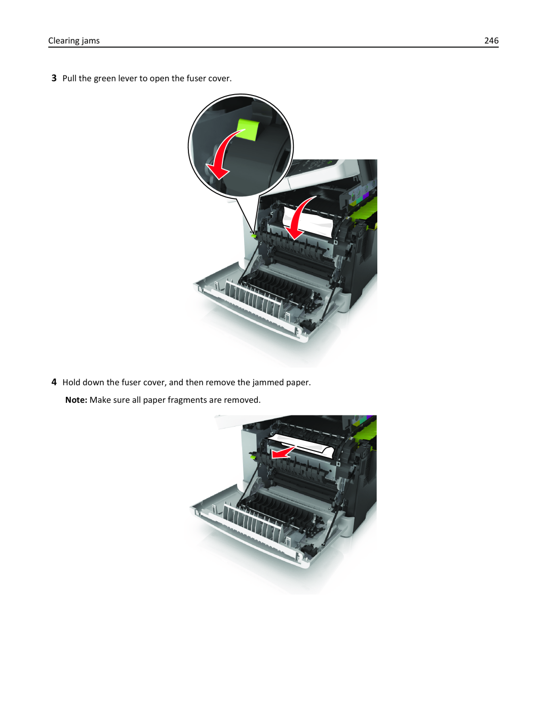 Lexmark 436 manual Clearing jams, Pull the green lever to open the fuser cover 