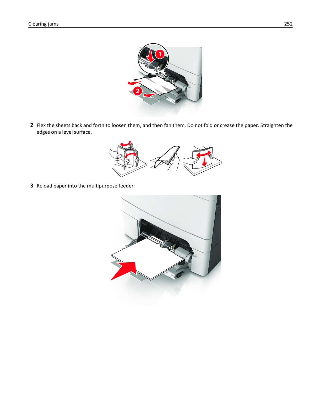 Lexmark 436 manual Clearing jams, Reload paper into the multipurpose feeder 