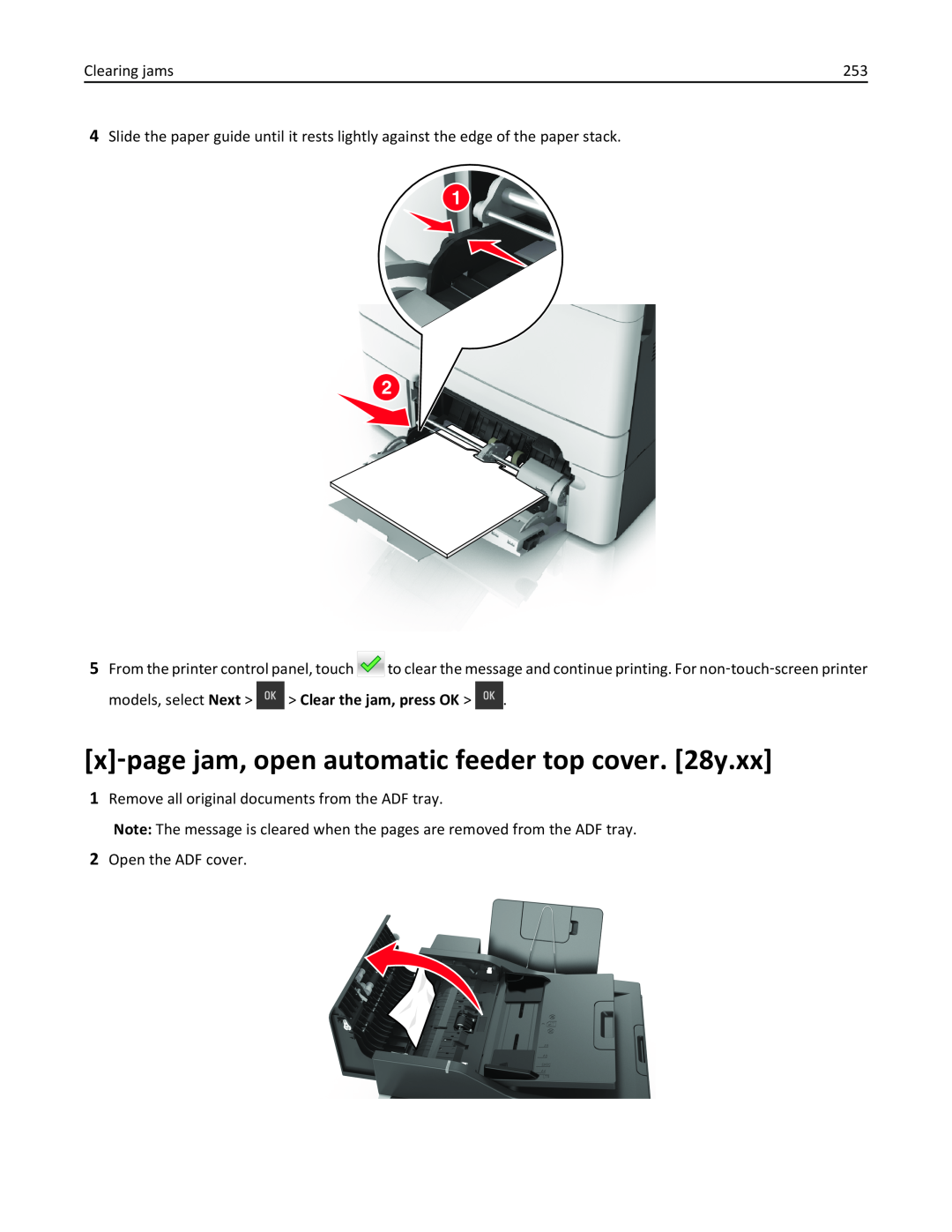 Lexmark 436 manual x‑page jam, open automatic feeder top cover. 28y.xx, models, select Next Clear the jam, press OK 
