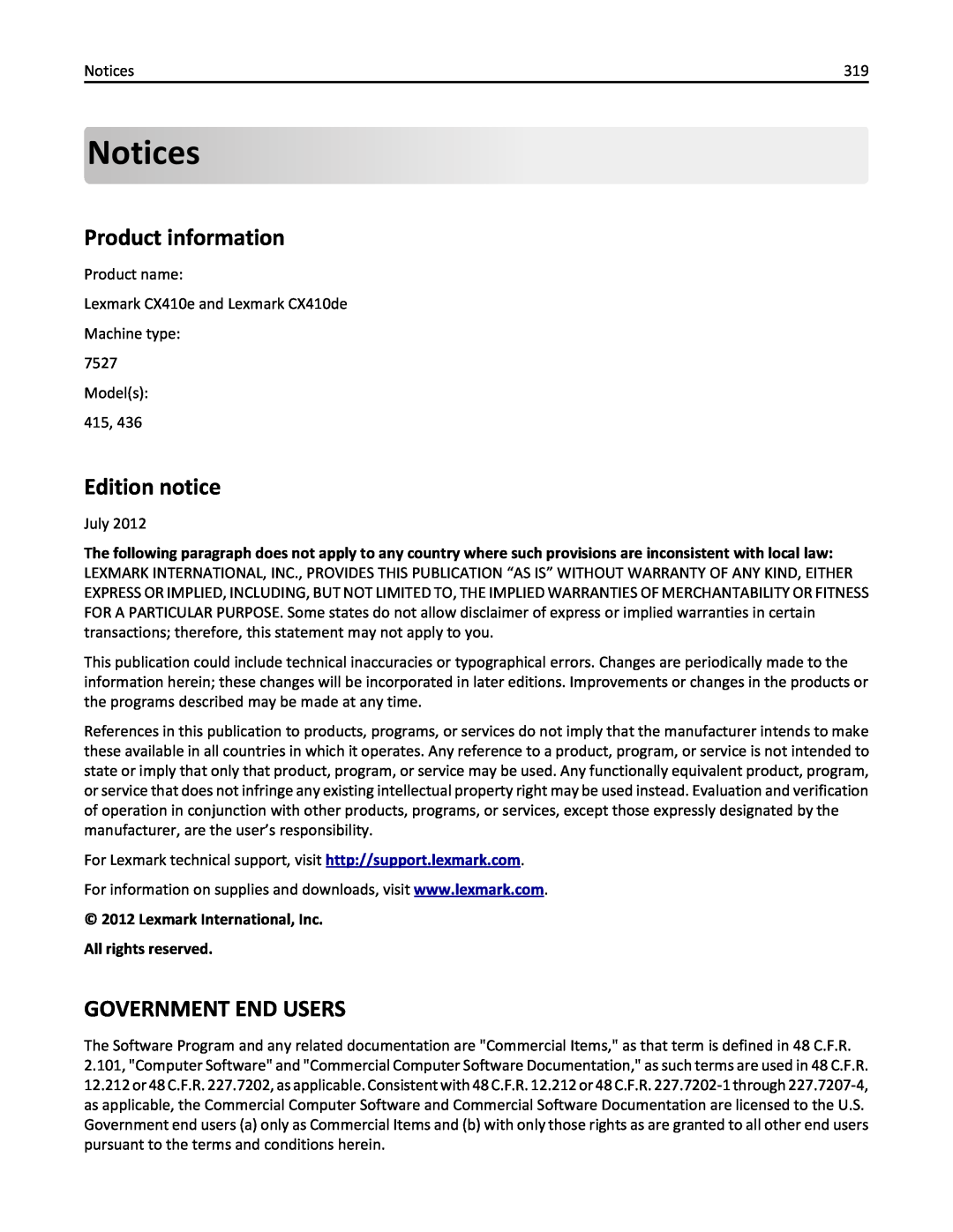 Lexmark 436 manual Notices, Product information, Edition notice, Government End Users 