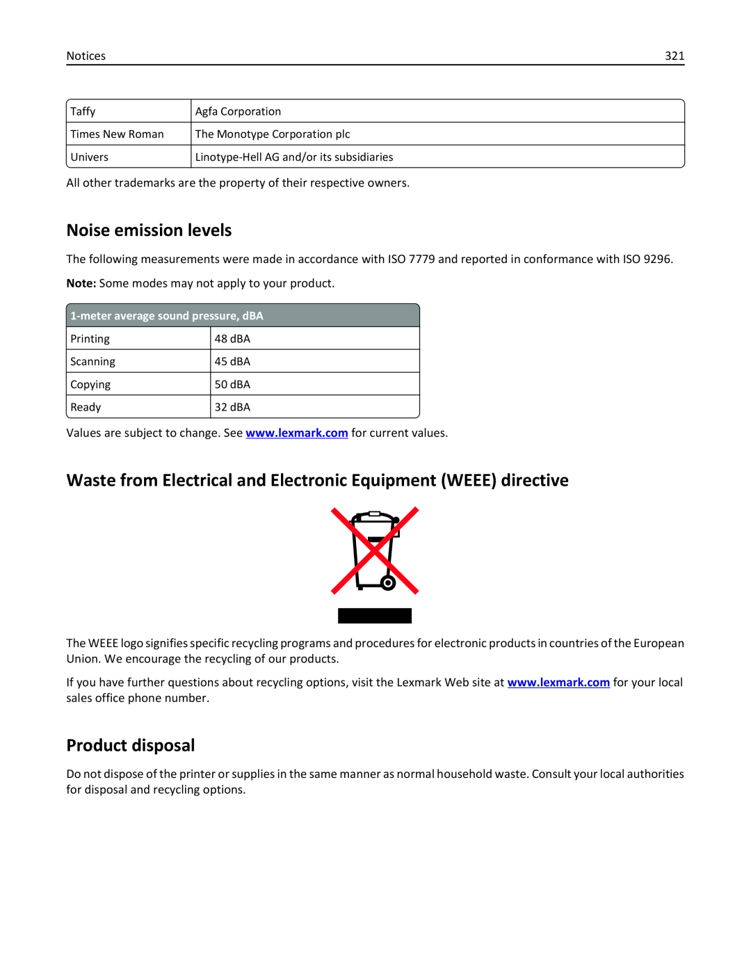 Lexmark 436 manual Noise emission levels, Waste from Electrical and Electronic Equipment WEEE directive, Product disposal 