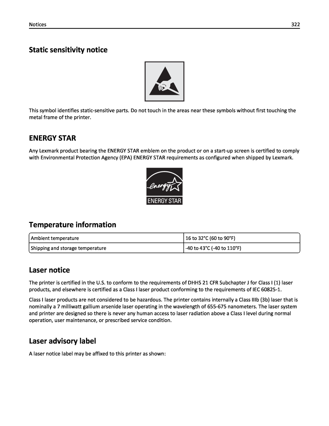 Lexmark 436 manual Static sensitivity notice, Energy Star, Temperature information, Laser notice, Laser advisory label 
