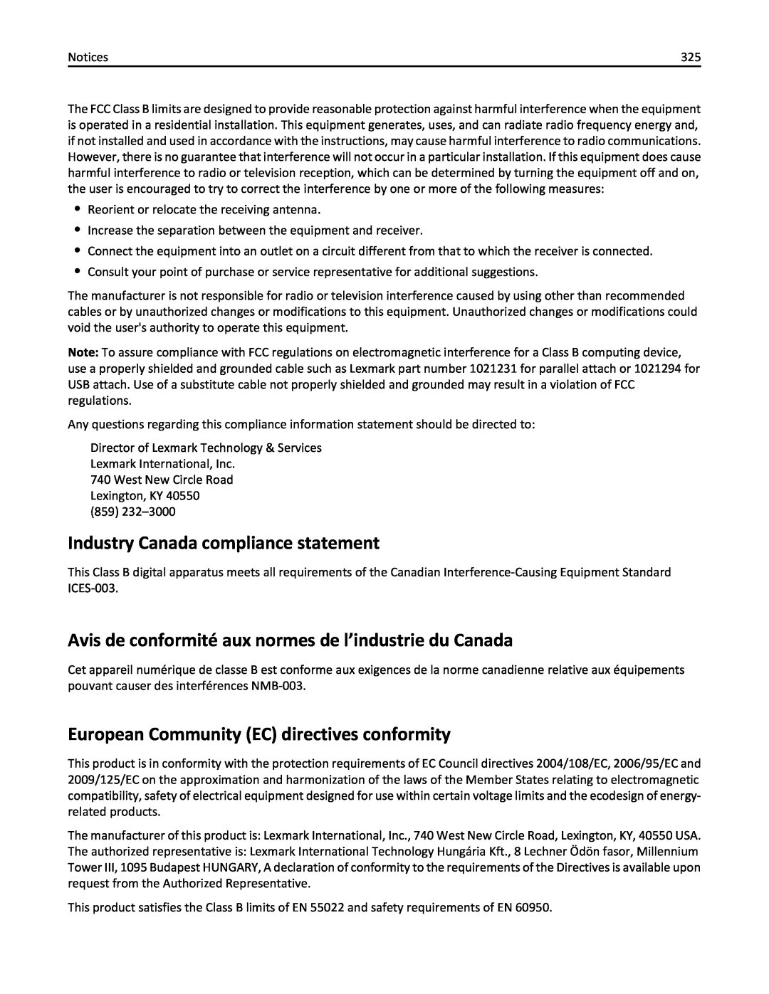Lexmark 436 manual Industry Canada compliance statement, Avis de conformité aux normes de l’industrie du Canada 