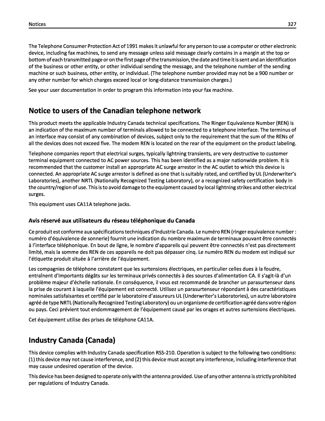 Lexmark 436 manual Notice to users of the Canadian telephone network, Industry Canada Canada 