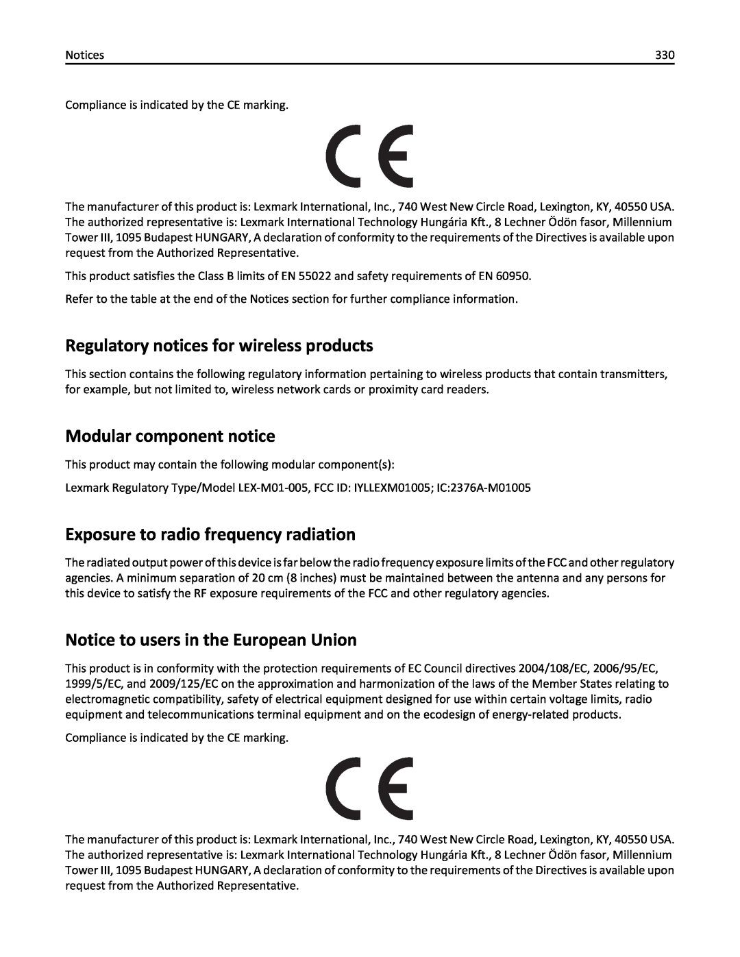 Lexmark 436 Regulatory notices for wireless products, Modular component notice, Exposure to radio frequency radiation 