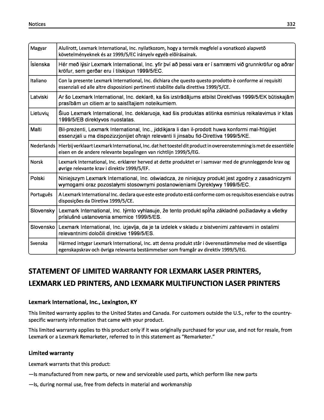 Lexmark 436 manual Statement Of Limited Warranty For Lexmark Laser Printers, Lexmark International, Inc., Lexington, KY 