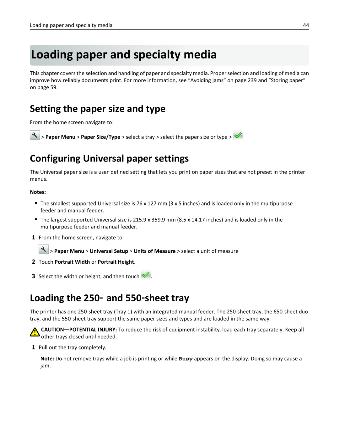 Lexmark 436 manual Loadingpaperand specialty media, Setting the paper size and type, Configuring Universal paper settings 