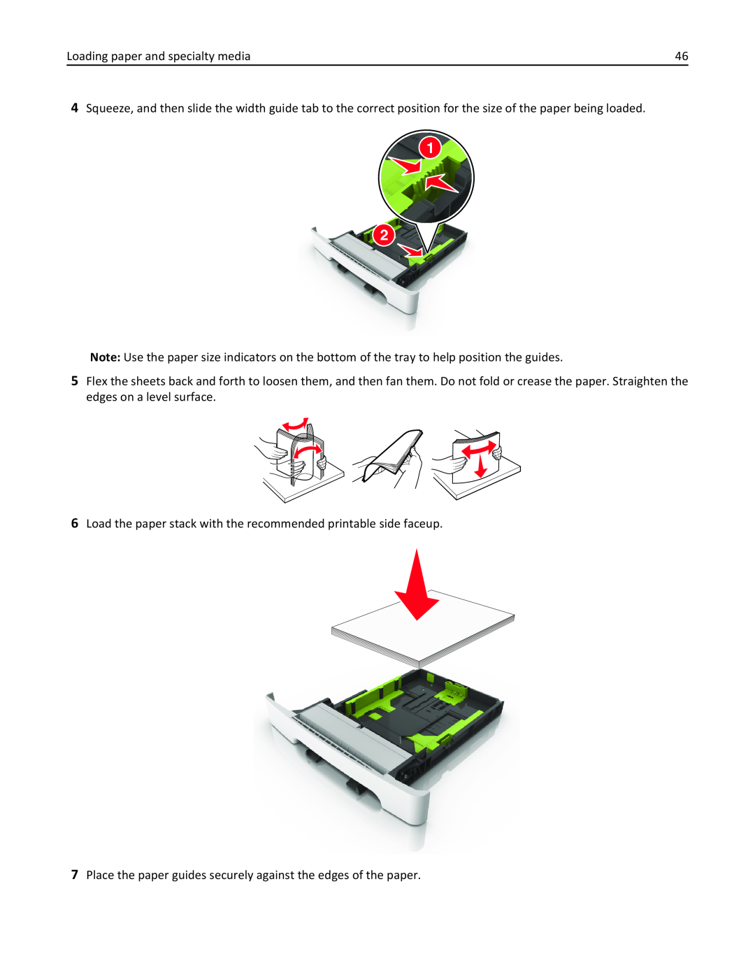 Lexmark 436 manual Loading paper and specialty media, Load the paper stack with the recommended printable side faceup 