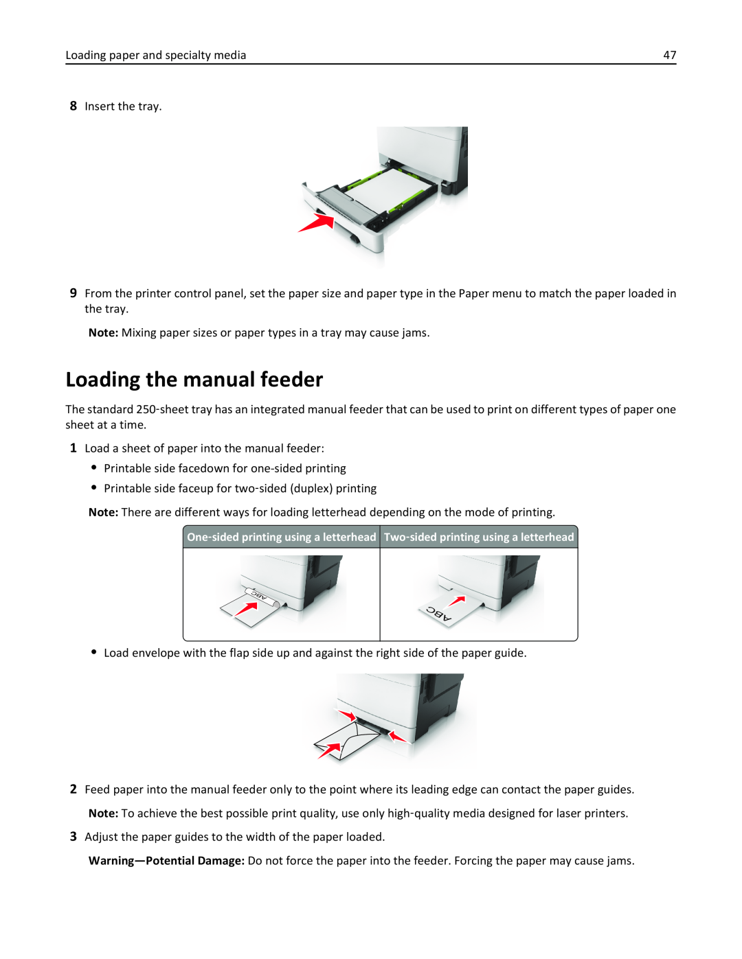 Lexmark 436 Loading the manual feeder, One ‑sided printing using a letterhead, Two ‑sided printing using a letterhead 