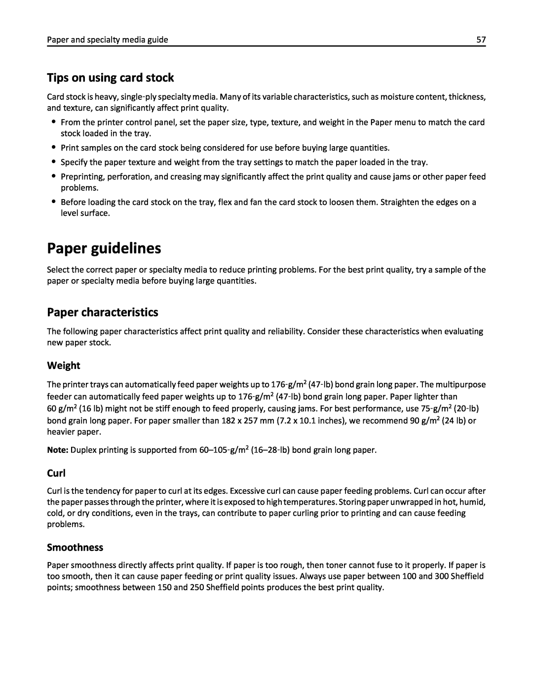Lexmark 436 manual Paper guidelines, Tips on using card stock, Paper characteristics, Weight, Curl, Smoothness 