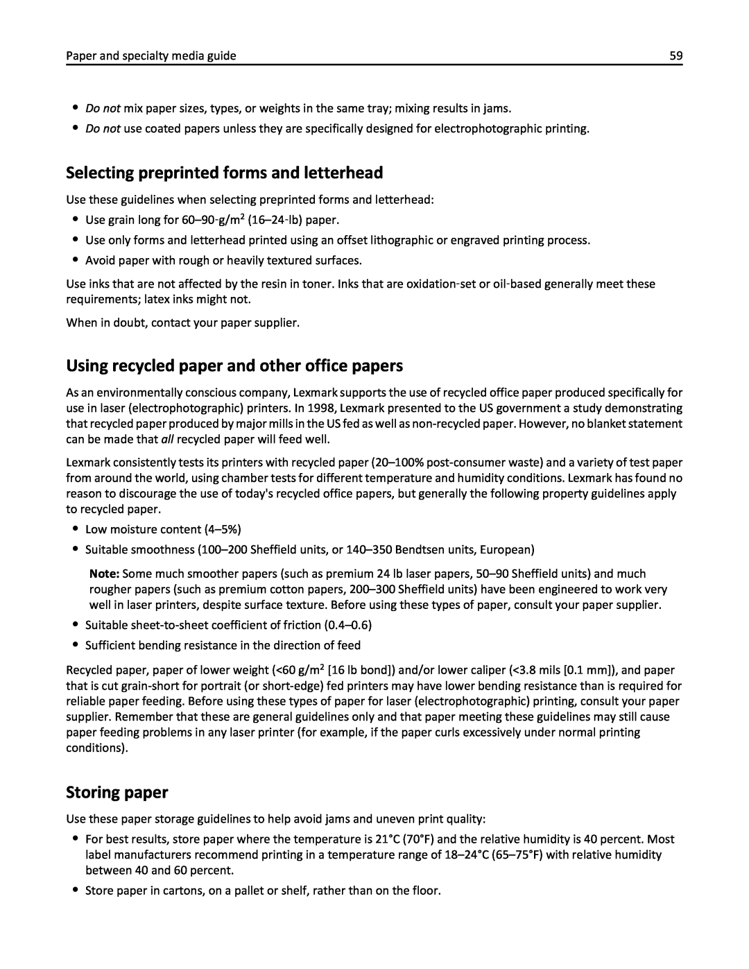 Lexmark 436 manual Selecting preprinted forms and letterhead, Using recycled paper and other office papers, Storing paper 