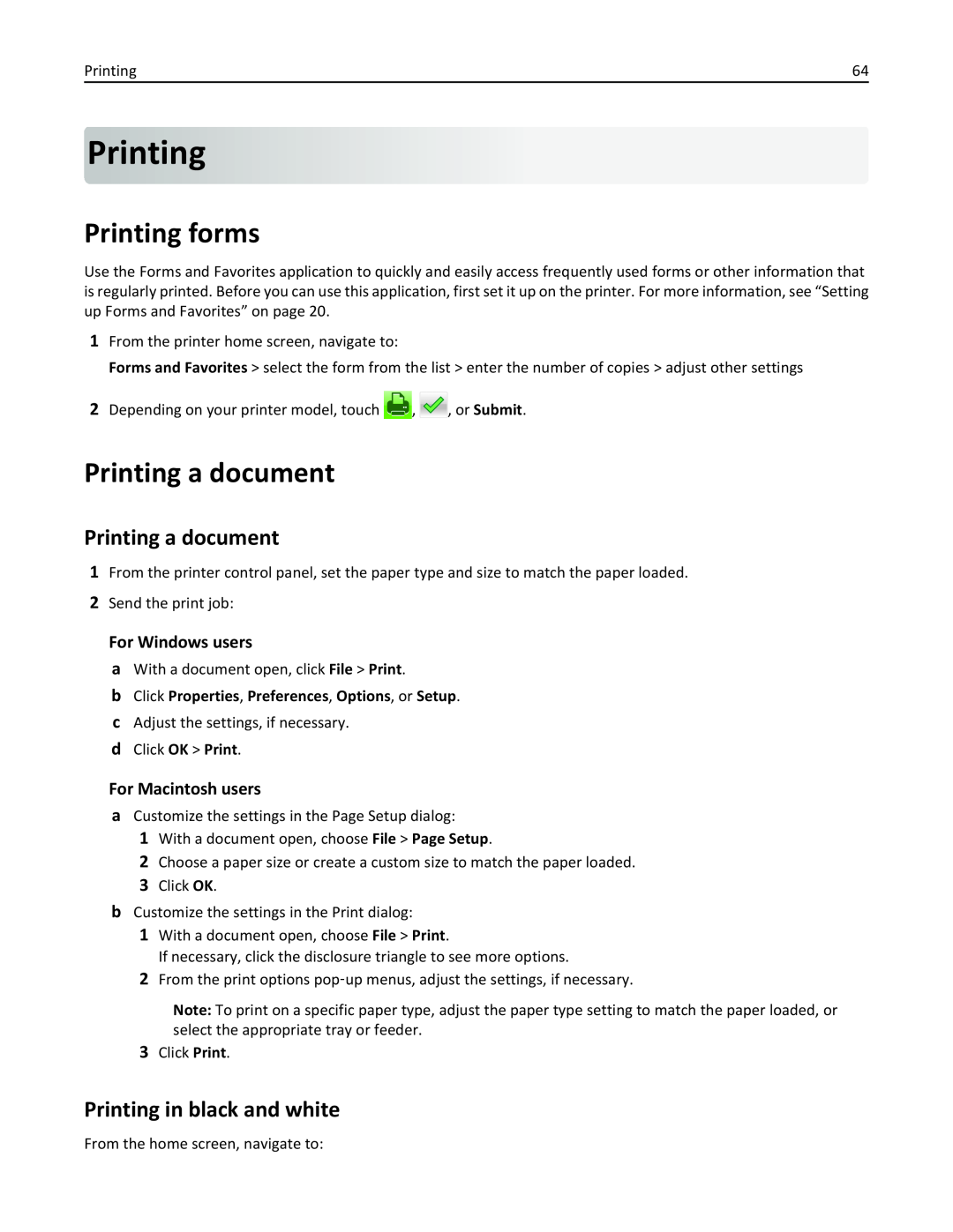 Lexmark 436 Printing forms, Printing a document, Printing in black and white, For Windows users, For Macintosh users 
