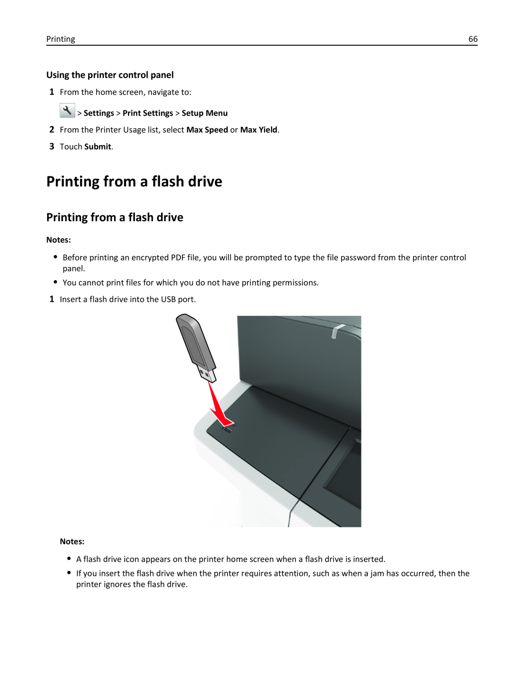 Lexmark 436 manual Printing from a flash drive, Using the printer control panel, Settings Print Settings Setup Menu 
