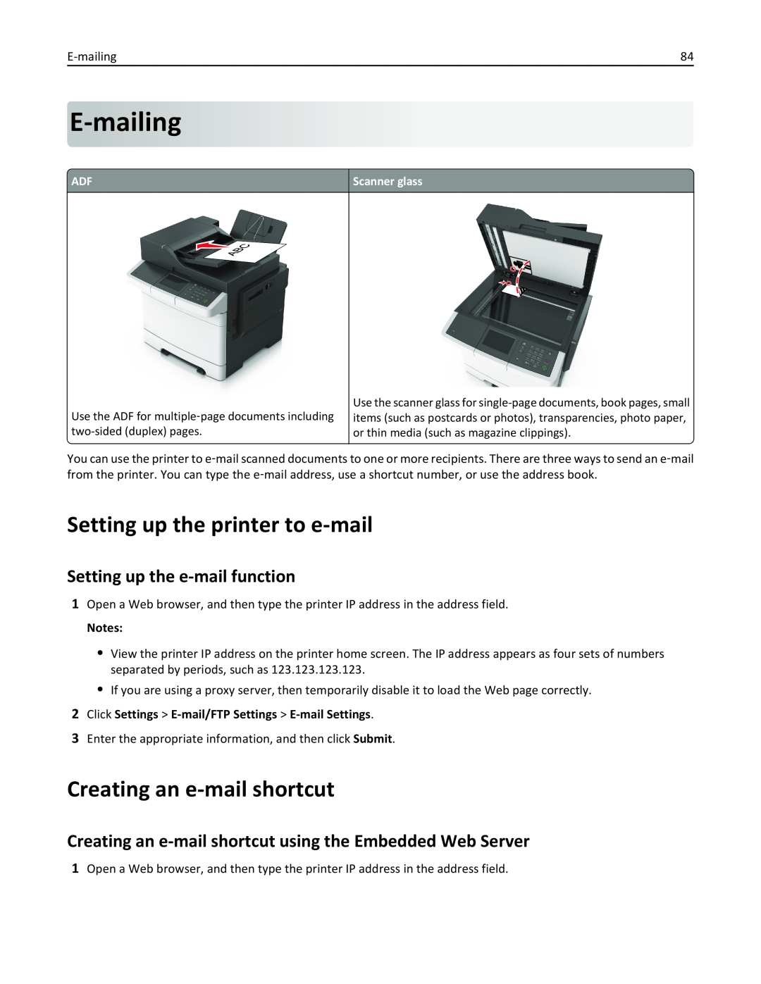 Lexmark 436 manual E-mailing, Setting up the printer to e-mail, Creating an e-mail shortcut, Setting up the e-mail function 