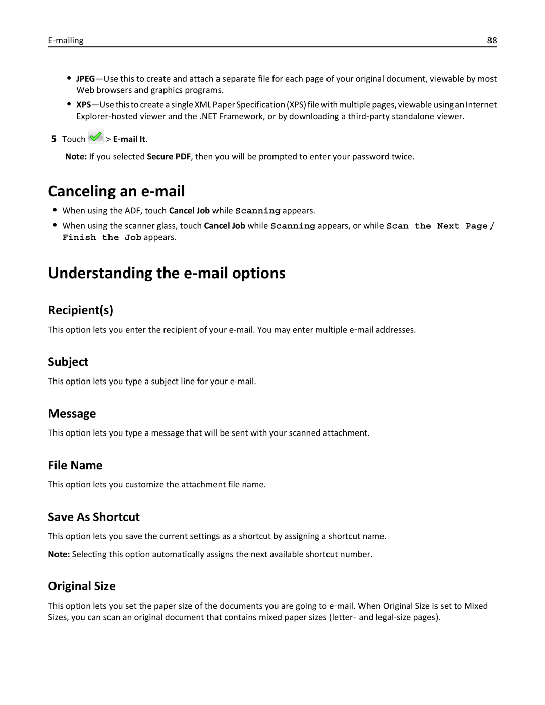 Lexmark 436 Canceling an e-mail, Understanding the e-mail options, Recipients, Subject, Message, File Name, Original Size 