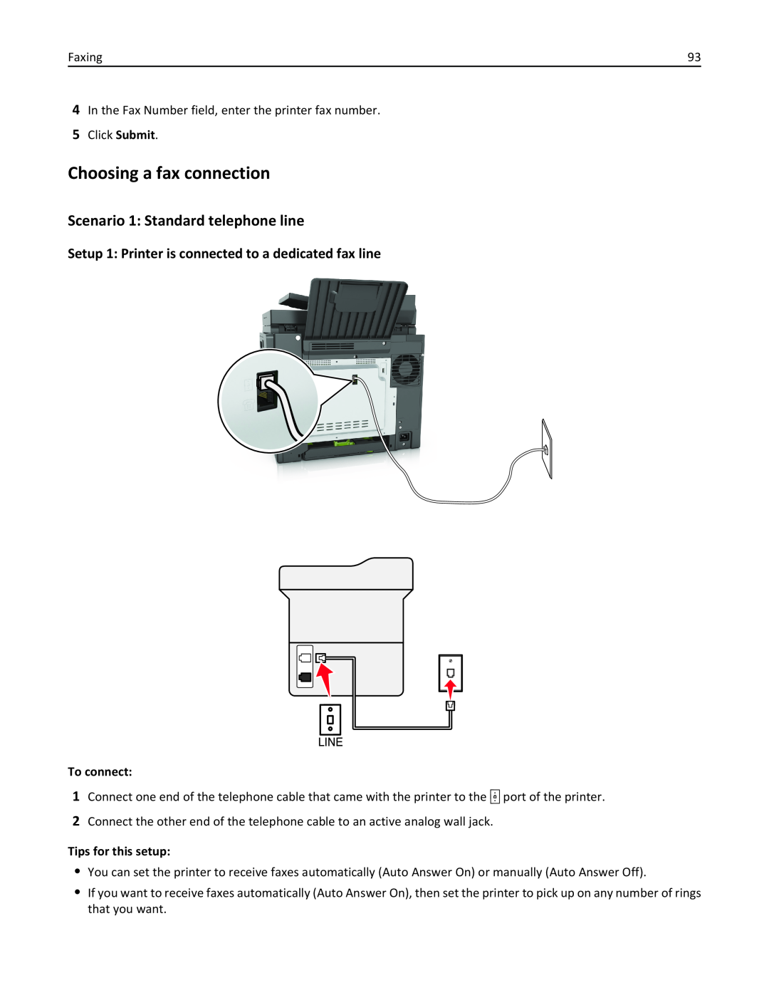 Lexmark 436 manual Choosing a fax connection, Scenario 1 Standard telephone line, To connect, Tips for this setup 