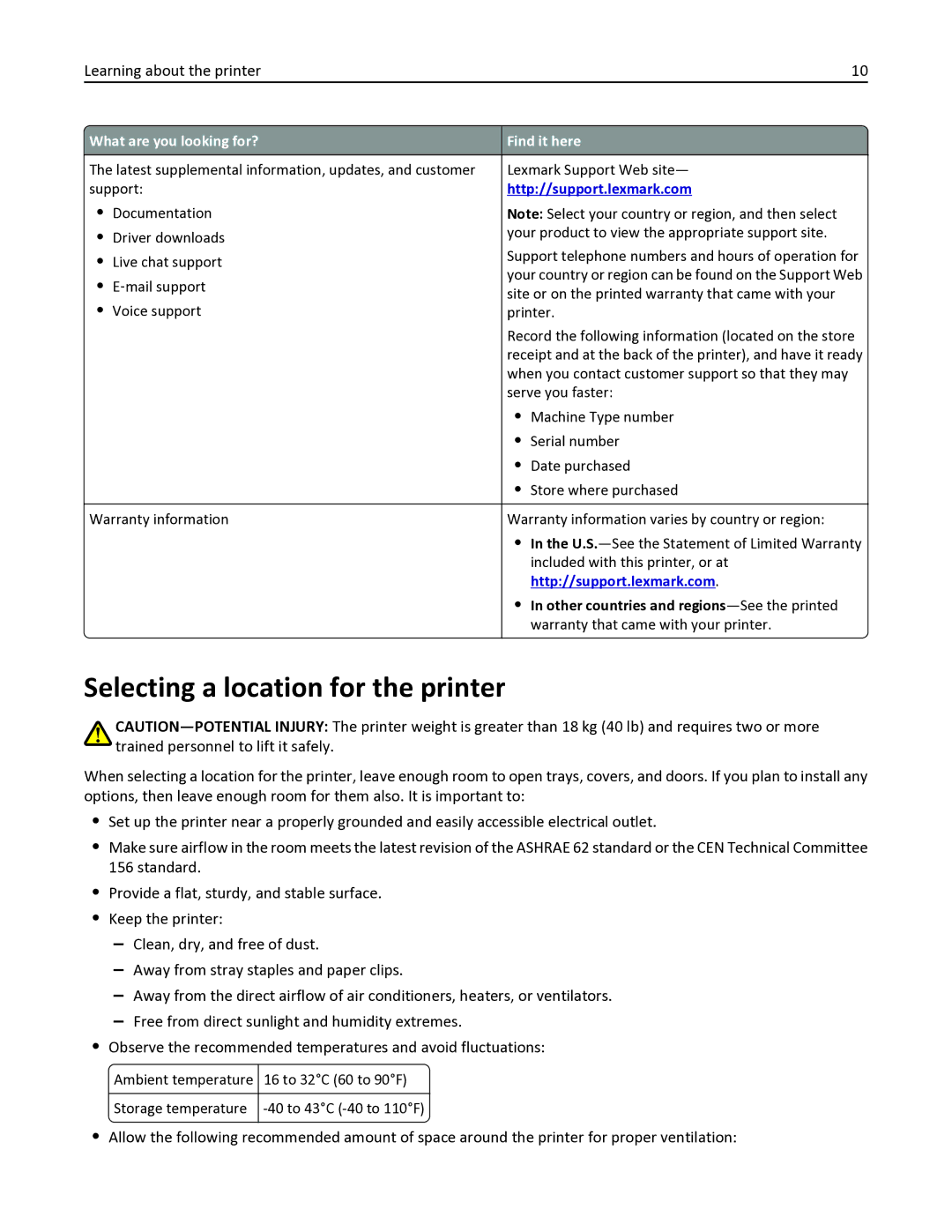 Lexmark 436 manual Selecting a location for the printer, Other countries and regions-See the printed 