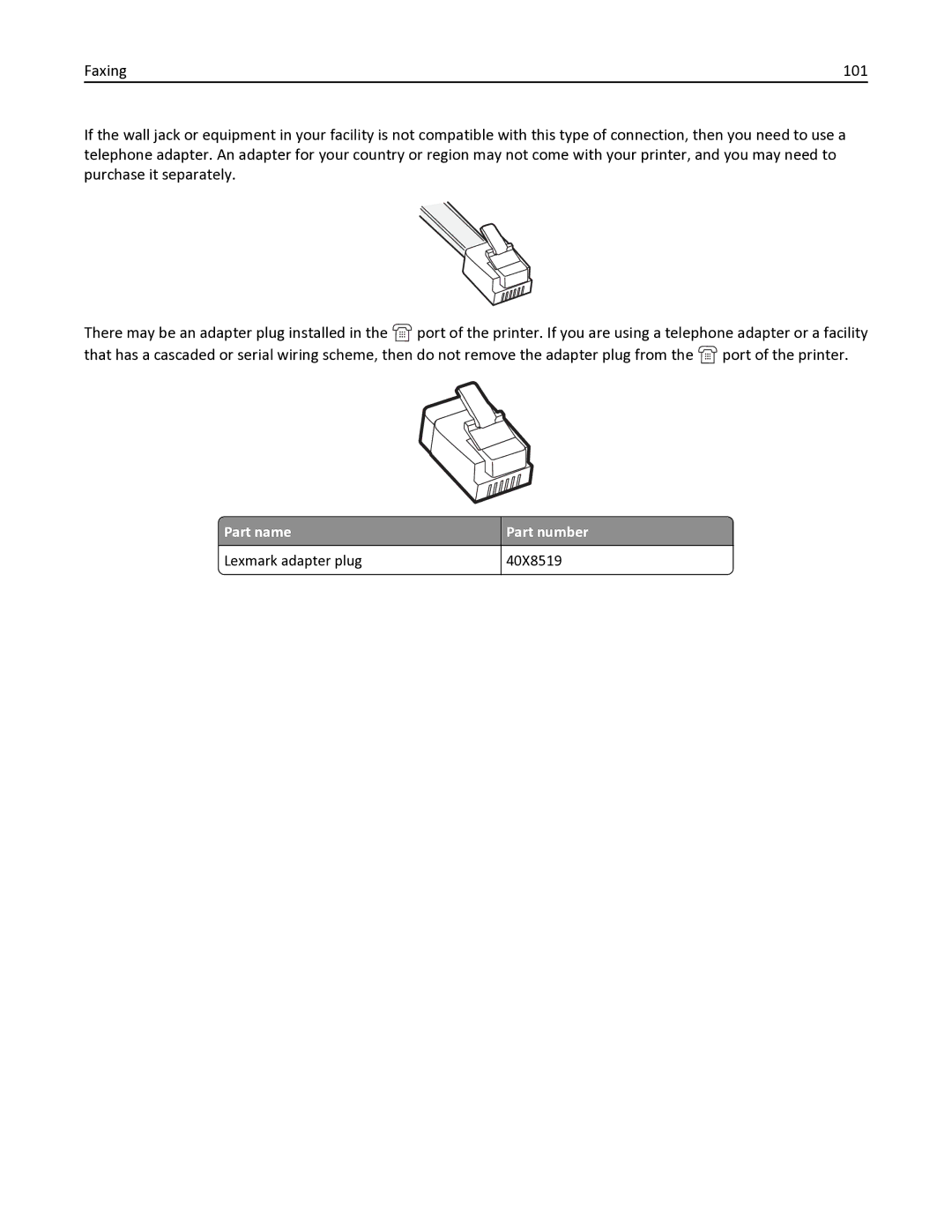 Lexmark 436 manual Part name Part number Lexmark adapter plug 40X8519 