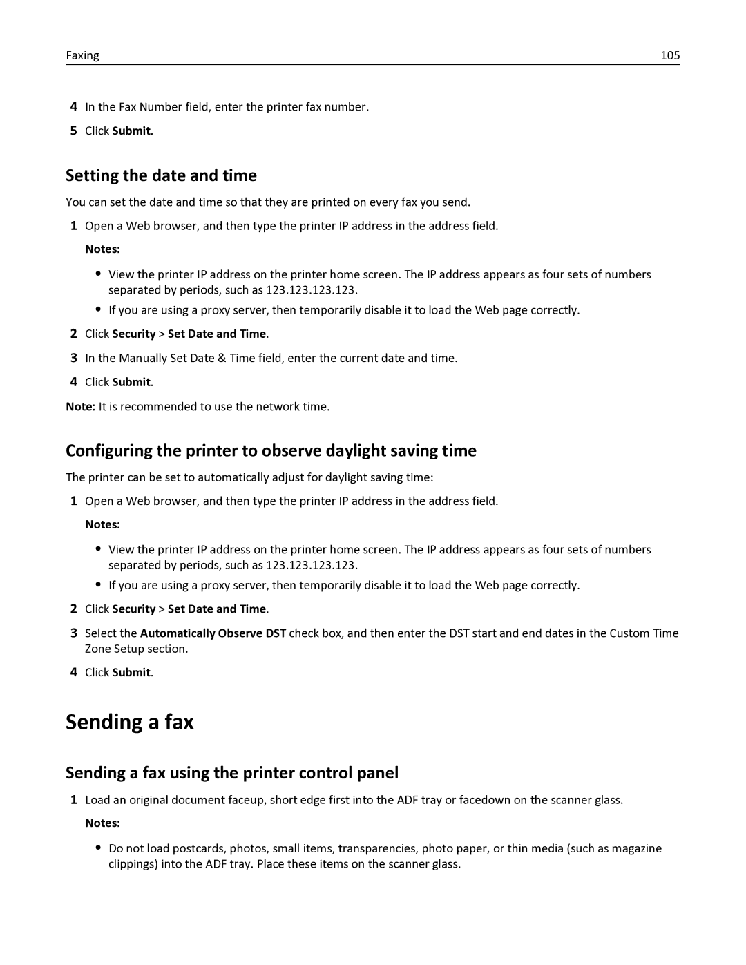 Lexmark 436 manual Sending a fax, Setting the date and time, Configuring the printer to observe daylight saving time 