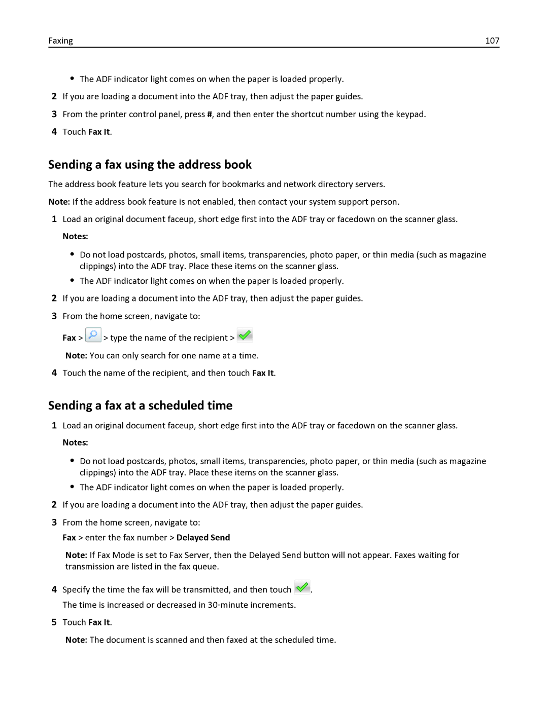 Lexmark 436 manual Sending a fax using the address book, Sending a fax at a scheduled time 