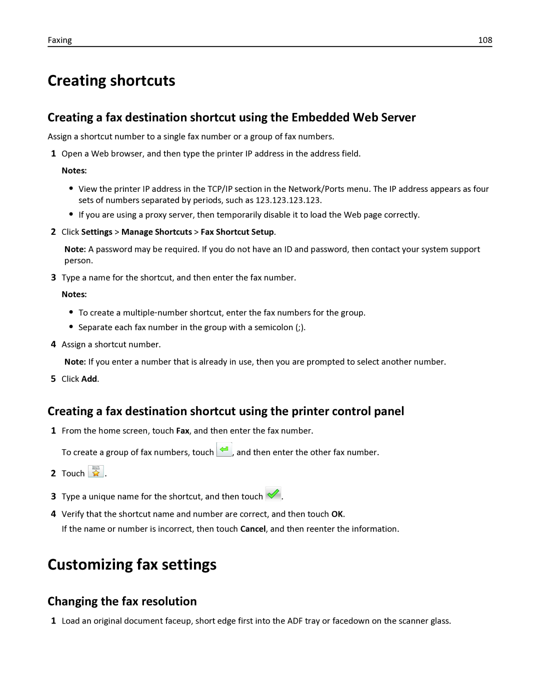 Lexmark 436 manual Creating shortcuts, Customizing fax settings, Changing the fax resolution, Faxing 108 